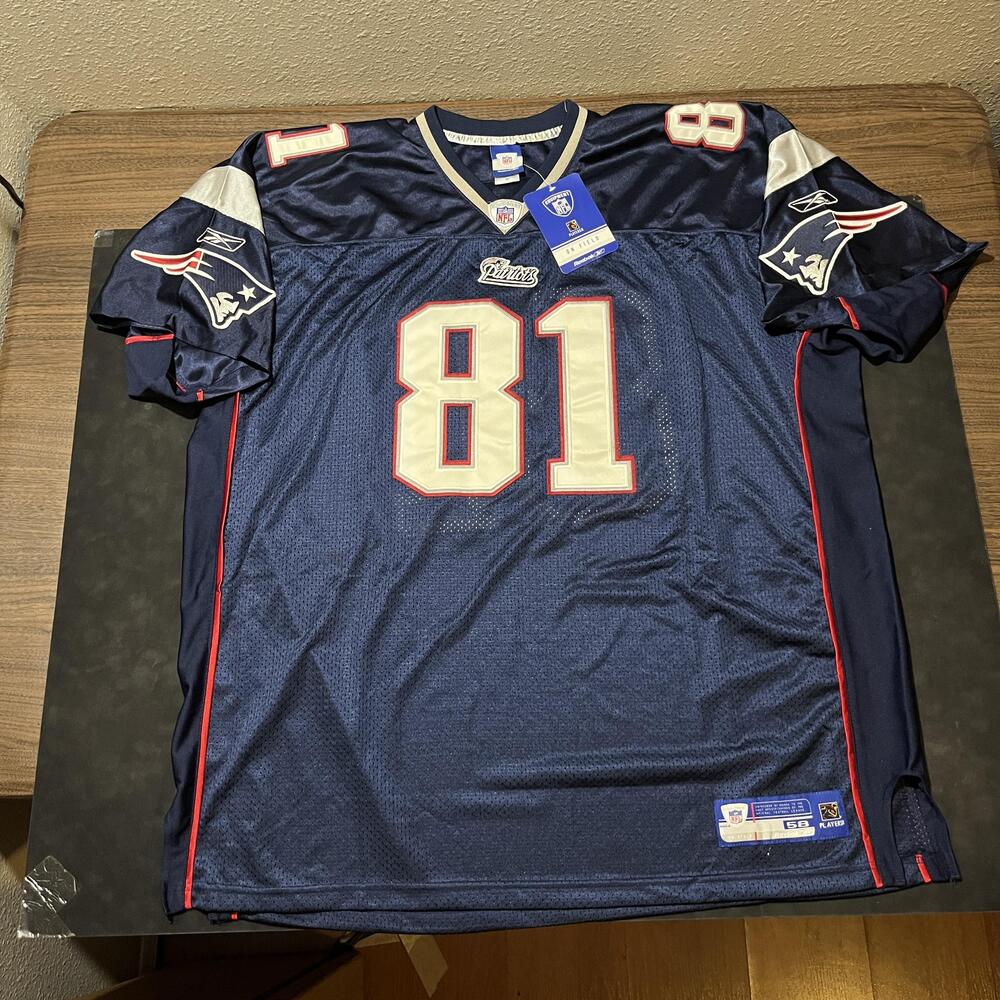 New England Patriots Football Jersey Mens 58 Blue NFL Randy Moss On Field Reebok